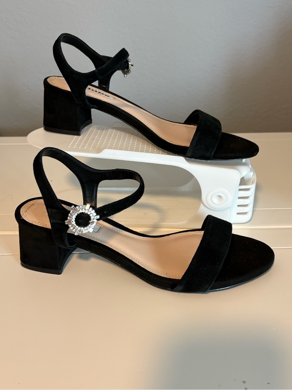 Dune London Black Suede Block Heel Sandals with Crystal Buckle
